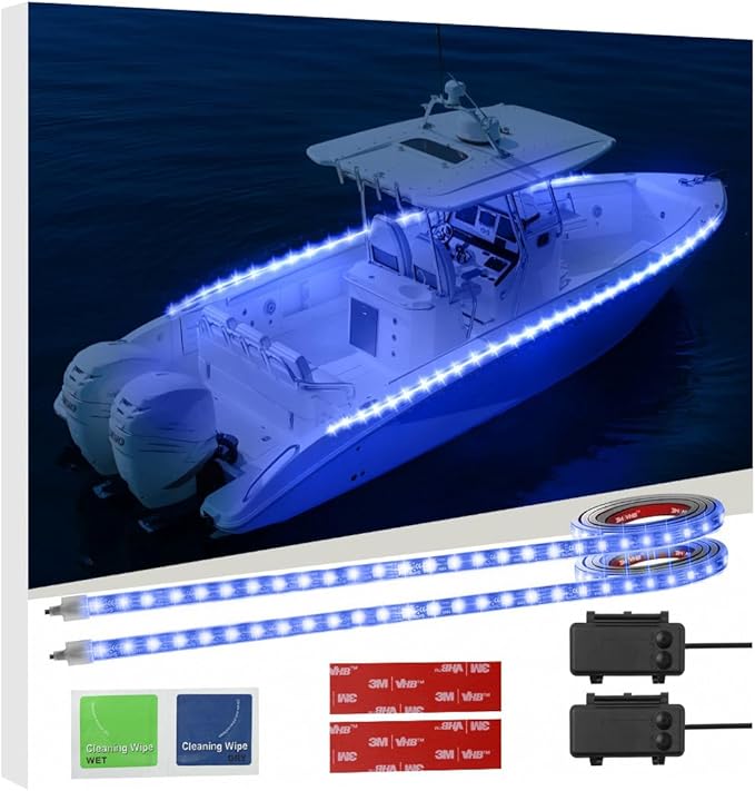 Battery Operated Marine Submersible Boat Lights Strip, 2 Pcs 2FT 9V IP68 Waterproof Blue Kayak Paddle Board Lights, Boat Interior Deck Courtesy Gunnel Cabin Light for Fishing Pontoon Canoe Golf Cart