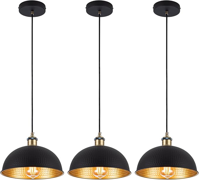 10“ Industrial Black Gold Pendant Lights Vintage Mini Dome Pendant Light Fixtures with Golden Finish Rustic Farmhouse Black Pendant Lights for Kitchen Island, Dining Room, Bedroom (Set of 3)