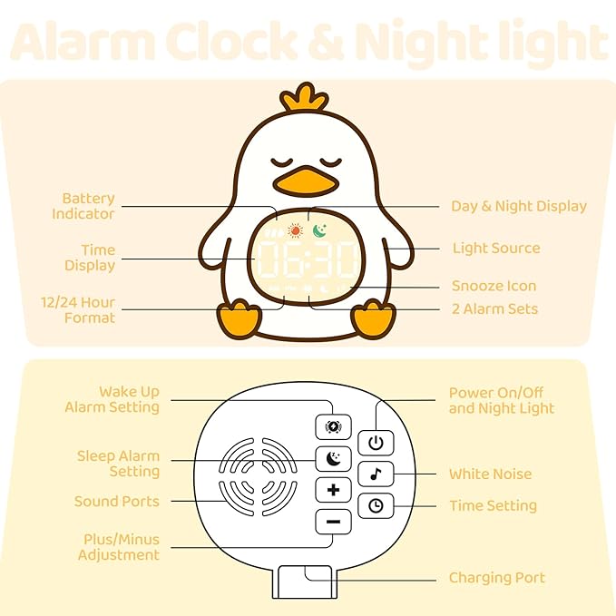 Sleepy Duck Alarm Clock with Night Light for Kids with Sleep Training and Sound Machine, Rechargeable Silicone Lamp OK to Wake Clock,Cute Animal Tabletop Lamp, Perfect Sleep Companion for Boys Girls