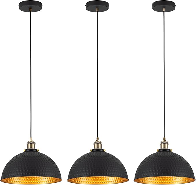 12" Industrial Black Gold Pendant Lights Vintage Dome Pendant Light Fixtures with Golden Finish Rustic Farmhouse Black Pendant Lights for Kitchen Island, Dining Room, Bedroom