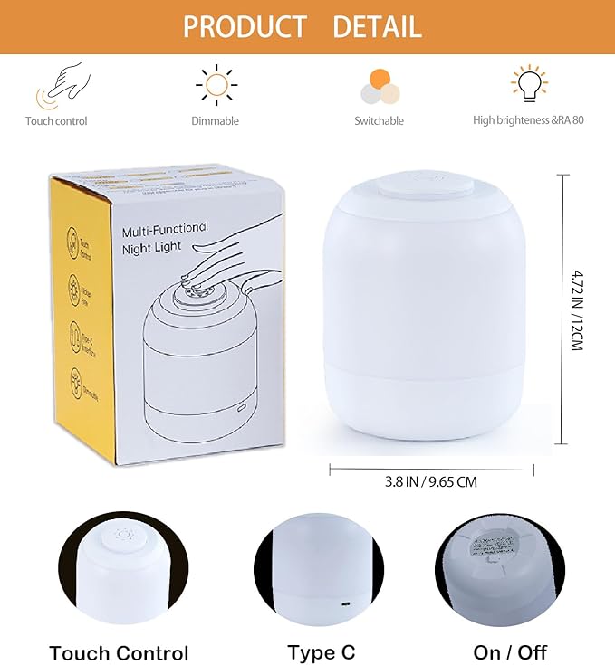 2 Pack Eye Caring Soft Night Light, Touch night light for Baby, Kids and Adults, Small Cute Bedside Lamp, 3 Colors, Dimmable, USB Rechargeable Warm Night Light for Bedrooms, Baby Nursery and Sleep Aid