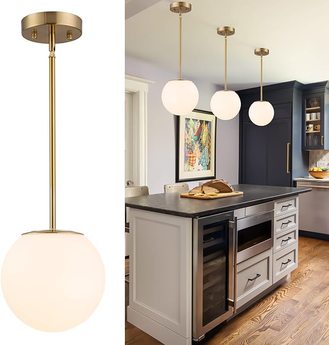 Modern Globe Pendant Light Mid Century Opal Glass Hanging Light Fixture Gold Finish, 3-Light Glass Pendant Lighting for Kitchen Island Dining Room Bedroom Hallway and Bathroom…