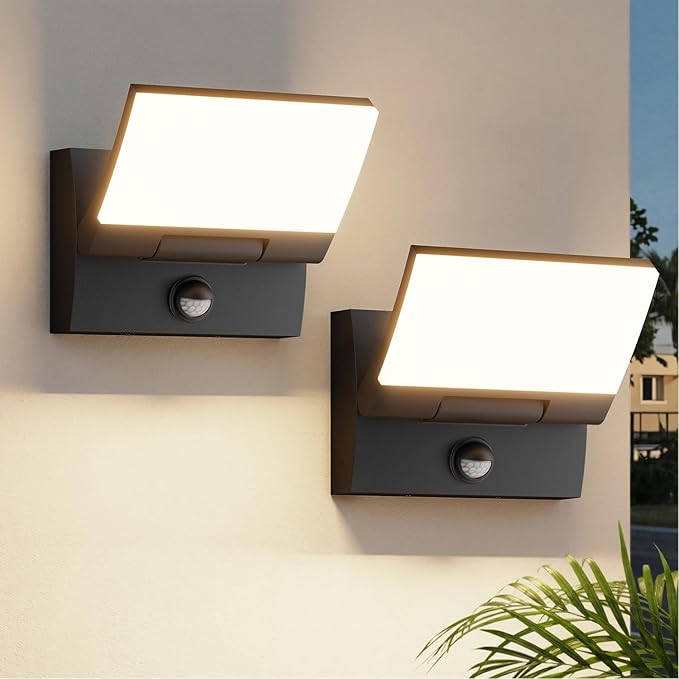 Motion Sensor LED Outdoor Wall Light 2-Pack, Rotatable Adjustable Wall Sconce, IP65 Waterproof Porch Light for House Garage Patio, 3000K Warm White, Matte Black Aluminum
