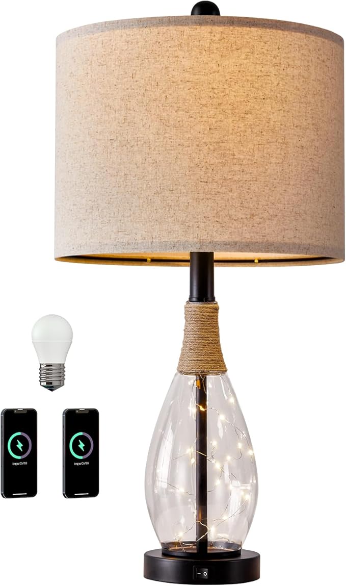 OYEARS 23" Farmhouse Table Lamps for Living Room,Boho Rattan Bedside Lamps with USB-C & USB-A Ports, Glass Nightlight, Dual Light Sources, Black