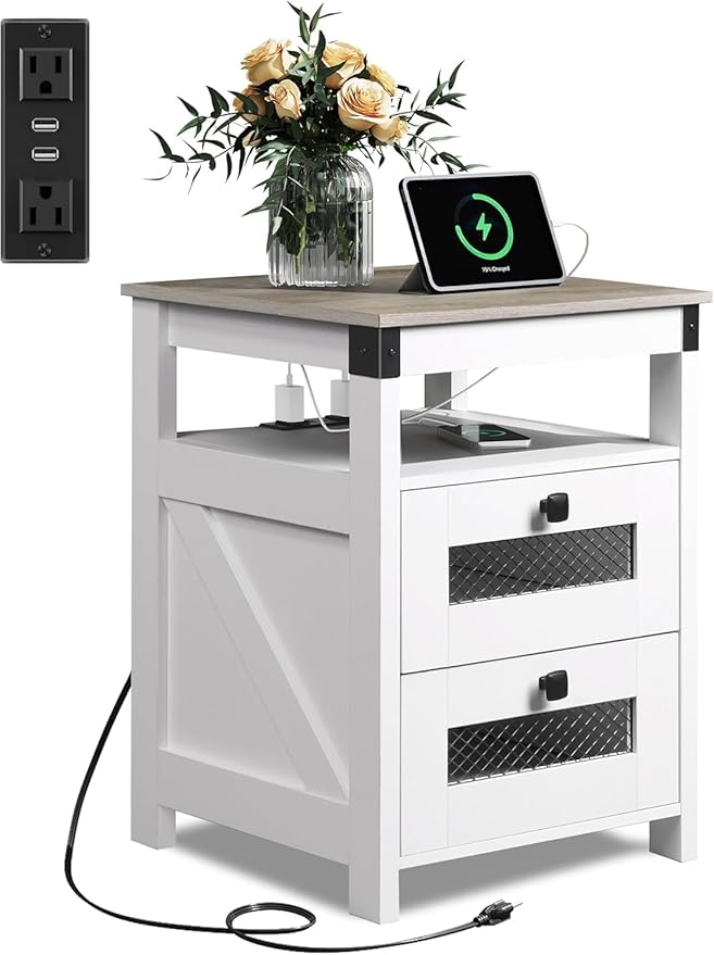 WLIVE Nightstand with Charging Station, Farmhouse End Table, Bed Side Table with 2 Storage Drawers and Open Shelf, Wood Rustic Nightstands for Bedroom, Living Room, White and Greige