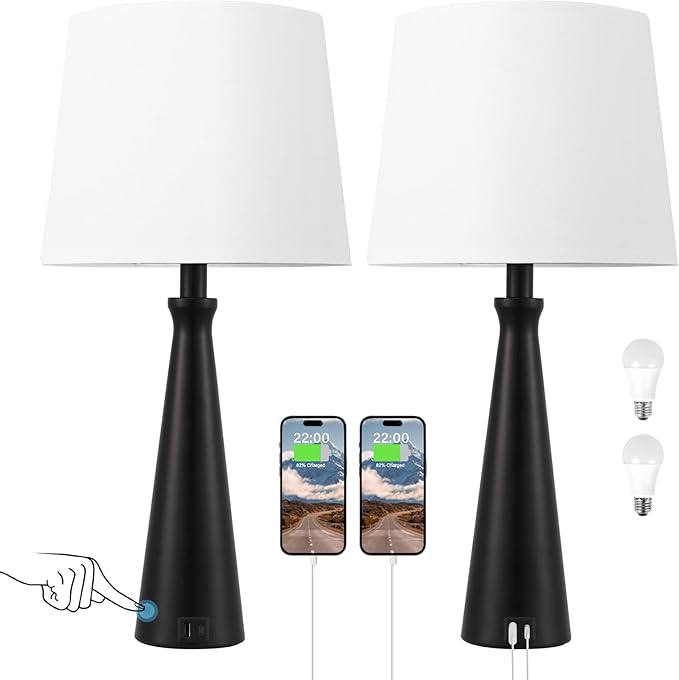 Seealle Modern Table Lamps Set of 2 - Touch Bedside Lamp for Nightstand with USB C+A,3-Way Dimmable Black Nightstand Lamps for Living Room Bedroom End Table(Bulb Included)