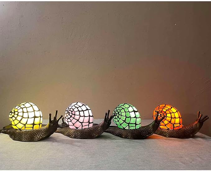 Bieye L10962 Land Snail Tiffany Style Stained Glass Accent Table Lamp for Home Decoration (Pink, 10" D x 5" W x 5" H)