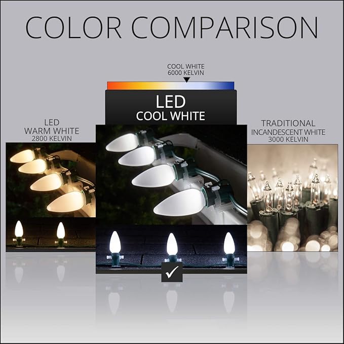 Wintergreen Lighting OptiCore C9 LED Christmas Light Bulbs - 25 Pack Heavy Duty Premium Outdoor Christmas Lights, E17 Base (Cool White Smooth)