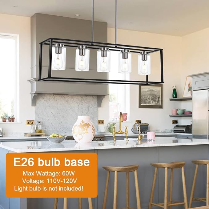 VINLUZ Modern Chandeliers Brushed Nickel and Black 5 Light Rectangle Dining Room Lighting Fixtures Hanging with Clear Glass Shade, Farmhouse Kitchen Island Pendant Lights Ceiling for Living Room