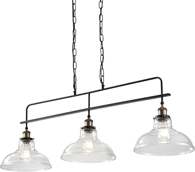 Industrial Glass Kitchen Island Lighting Vintage 3-Lights Glass Pendant Light for Kitchen Island Rustic Farmhouse Black Chandelier for Dining Room, Living Room, Bar, Over Table