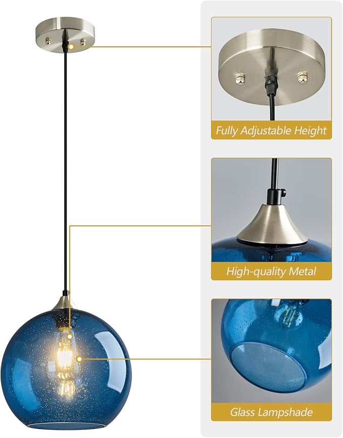 Blue Glass Pendant Lights Kitchen Island Lighting Globe Pendant Light Fixtures Modern Pendant Lighting for Kitchen Island Bedroom Living Dining Room Light Fixture(9.84in, 1-Pack)