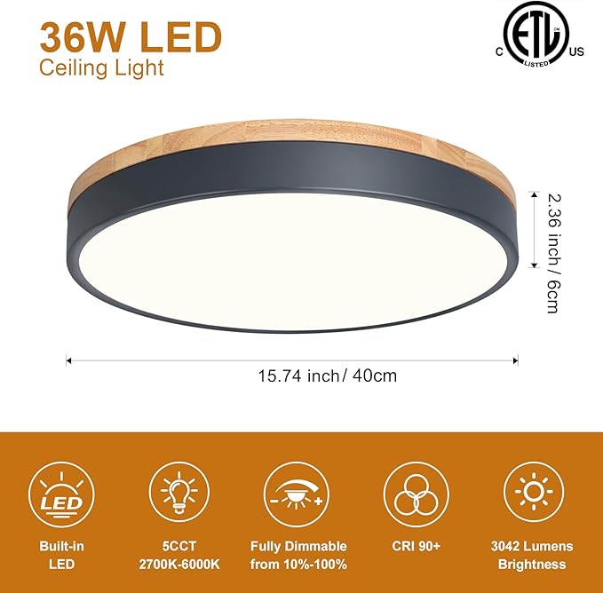 Dimmable Wood LED Close to Ceiling Light, Modern 2700K-6000K 5CCT Round Grey Flush Mount Light Fixtures, Minimalist Ceiling Lamp for Living Room, Dining Room, Bedroom, Kitchen-15.8in