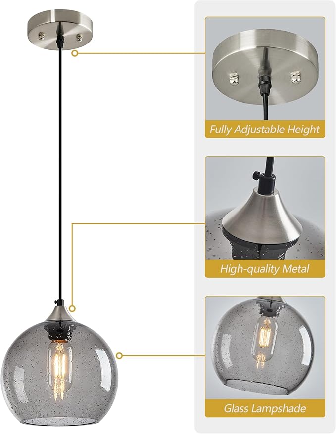 Light Grey Glass Pendant Lights Kitchen Island Lighting Globe Pendant Light Fixtures Modern Pendant Lighting for Bedroom Living Dining Room Light Fixture (7.87 in, 3 Pack)