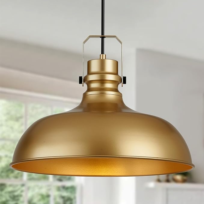 Gold Farmhouse Pendant Lights 16 Inch Matte Pendant Lighting for Kitchen Island Industrial Adjustable Height Vintage Dome Hanging Light Fixtures for Barn, Dining Room 1 Pack