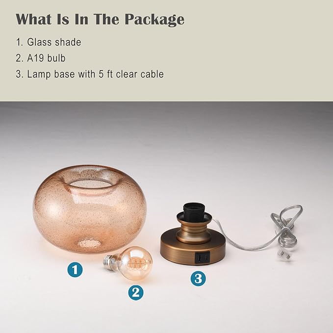 Mid Century Glass Table Lamp,Dimmable Desk Lamp,LED Bulb Included,Touch Control & USB A+C Port,Cognac Amber Seeded Glass