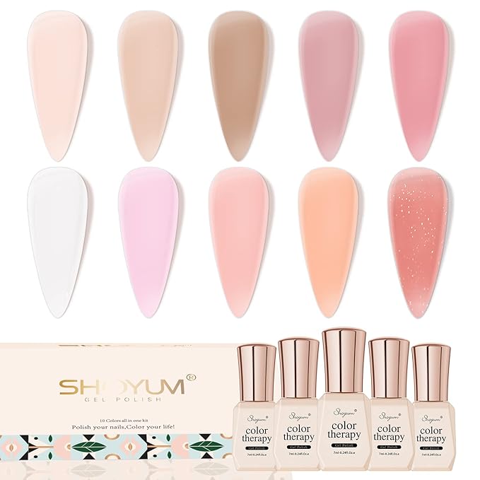 Jelly Pink Gel Nail Polish Set, 10 Colors Spring Summer Nude Kit Milky White Natural Gel, Soak Off LED DIY Art Salon Manicure Gifts for Girls.