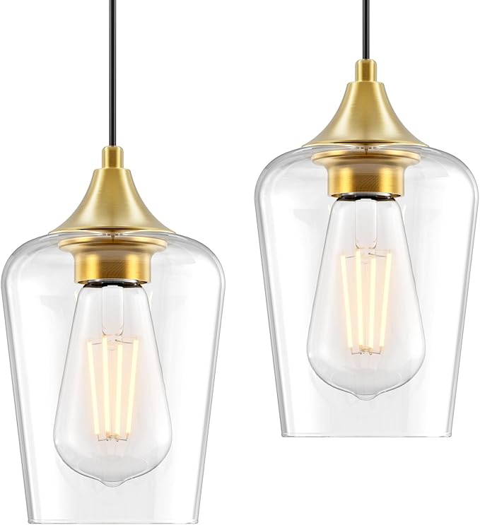 Ralbay Farmhouse Brushed Gold Pendant Light 2-Pack, Pendant Light Fixtures with Wine Clear Glass Shade, Kitchen Island Lighting for Dining Room, Rustic Adjustable Hanging Lighting Fixture