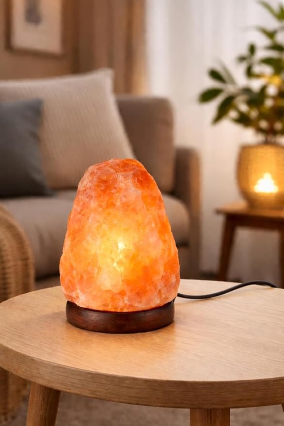 Himalayan Pink Salt Lamp 7 inch – Natural Rock 5-7 lb Crystal Night Light with Wooden Base, Warm Glow Bedside Lamp for Bedroom, Living Room, Meditation