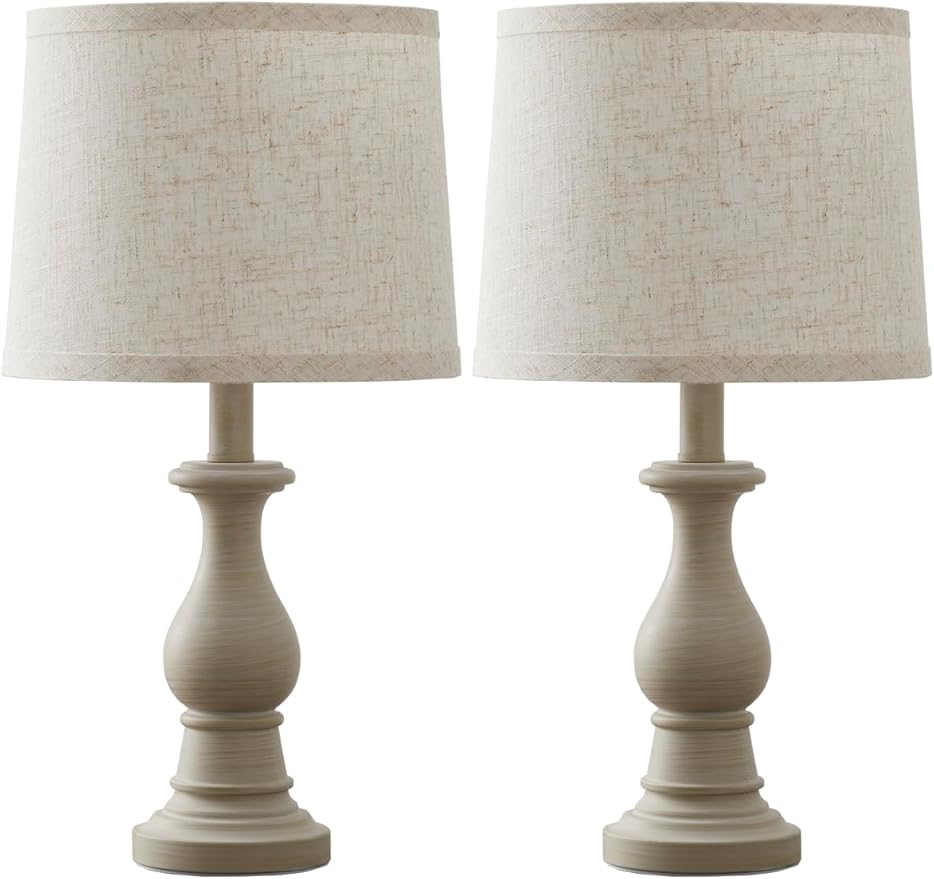 Vintage Table Lamp for Living Room Bedroom, 18.5" Farmhouse Bedside Lamps Nightstand Lamp Set of 2, Table Lamps with Oatmeal Linen Lamp Shades, 2 LED Bulbs Included, White Stripe