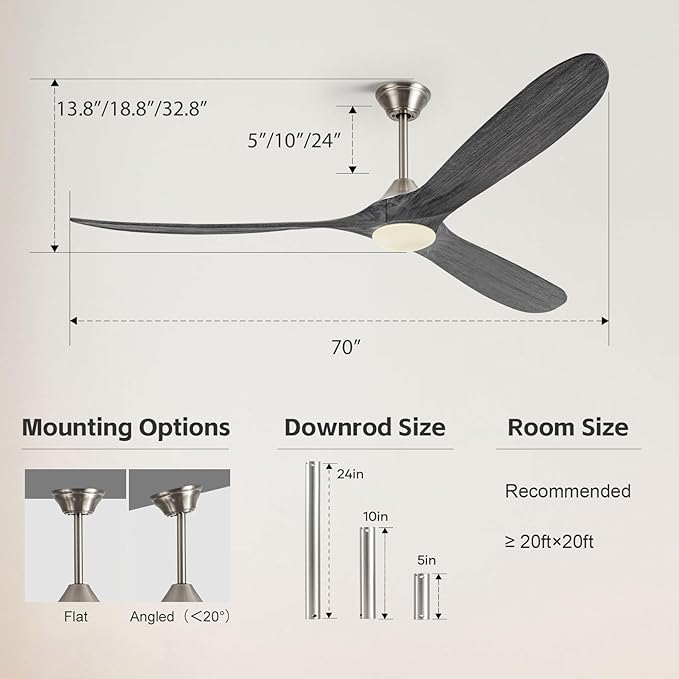 70" Outdoor Ceiling Fan with Light, Large Modern Alexa Smart Lighting & Ceiling Fans with App/Voice/Remote Control, 3 Wood Blade, Quiet Energy Efficient, for Indoor Exterior Patio Porch Bedroom Garage