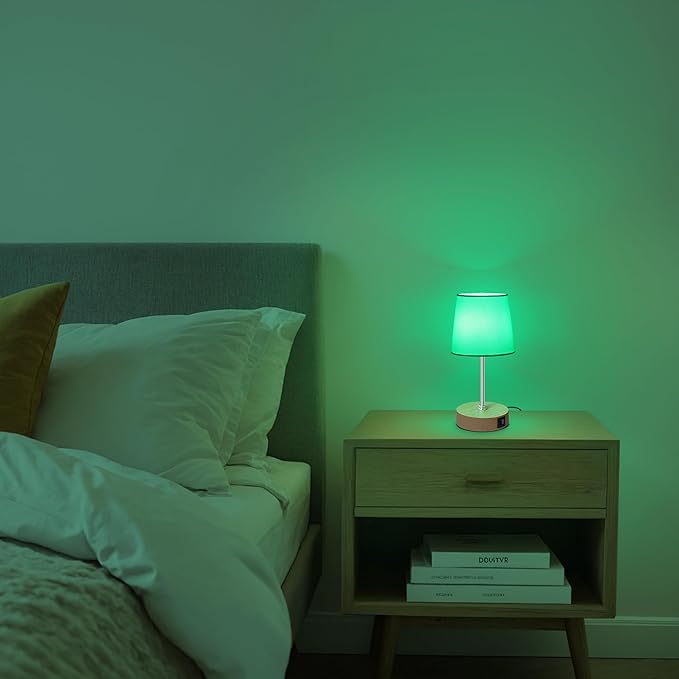 Ascher Small Bedside Table lamp Set of 2, RGB Color Changing Lamps, 3 Color Temperatures, Stepless Dimmable, Nightstand Lamp with USB C+A Ports for Bedroom Living Room, (White Shade, Wood Grain Base)
