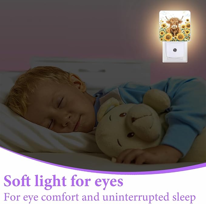 Highland Cow Night Light,Sunflower Night Lights Plug into Wall,Led Lamp for Stairway/Hallway/Bedroom 0.5W Nightlight Sleep Friendly