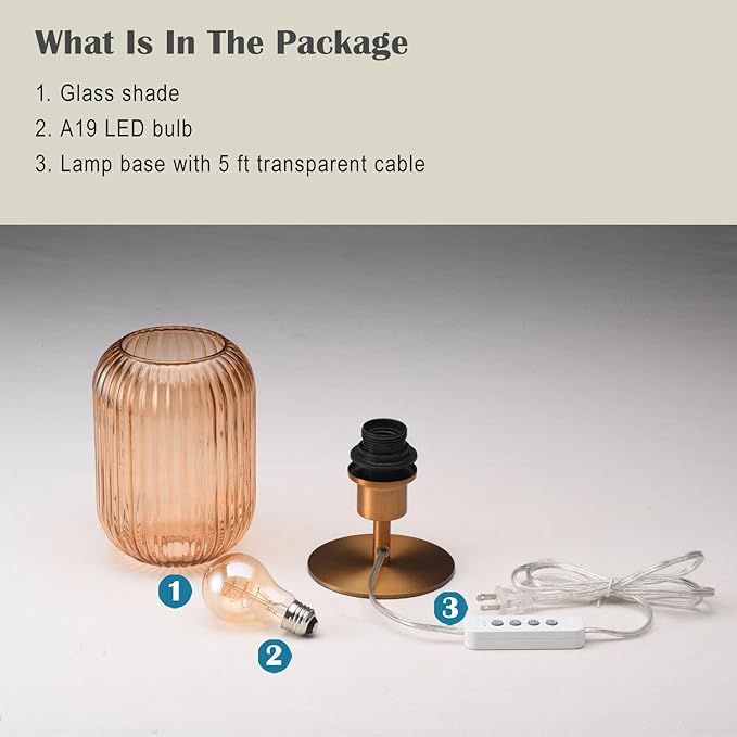 Mid Century Glass Table Lamp,Dimmable Desk Lamp,LED Bulb Included,Touch Control & USB A+C Port,Cognac Amber Ribbed Glass