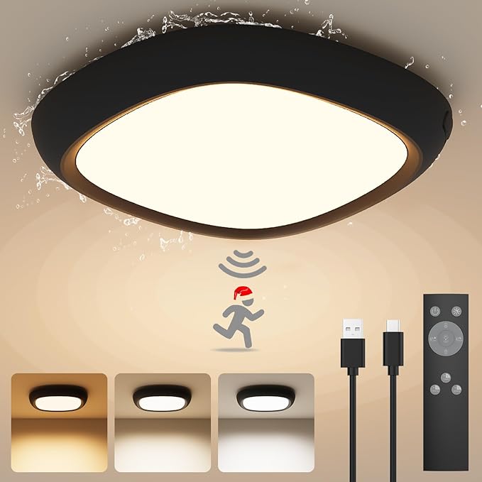 Motion Sensor Rechargeable Ceiling Light with Remote, IP54 Waterproof 12000mAh Wireless Shower Lights, Battery Operated Closet Light Sensored Indoor LED Overhead Lighting No Wiring for Hallway Garage