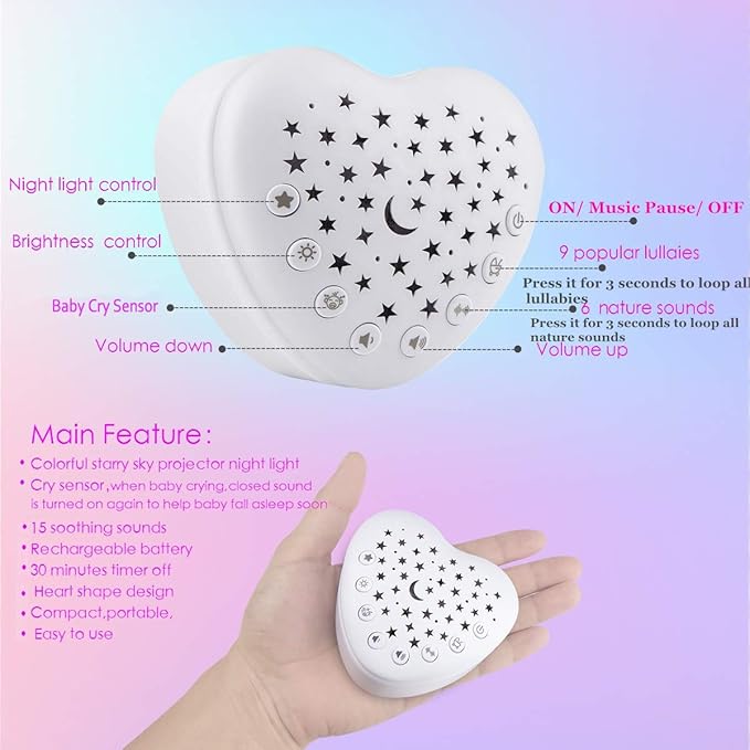 BEREST A13 White Noise Machine & Baby Sleep Soother with 15 Soothing Sounds & Projector Night Light Music Box, Cry Sensor, Rechargeable, Portable for Newborns, Toddlers, Attaches to Crib