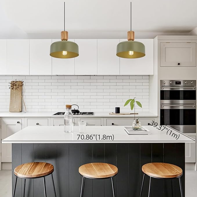 Contemporary Pendant Lighting,12 inch Pendant Lamp,Wood and Brass Accent,Adjustable Metal Hanging Light Fixture for Kitchen, Dining Room, Green