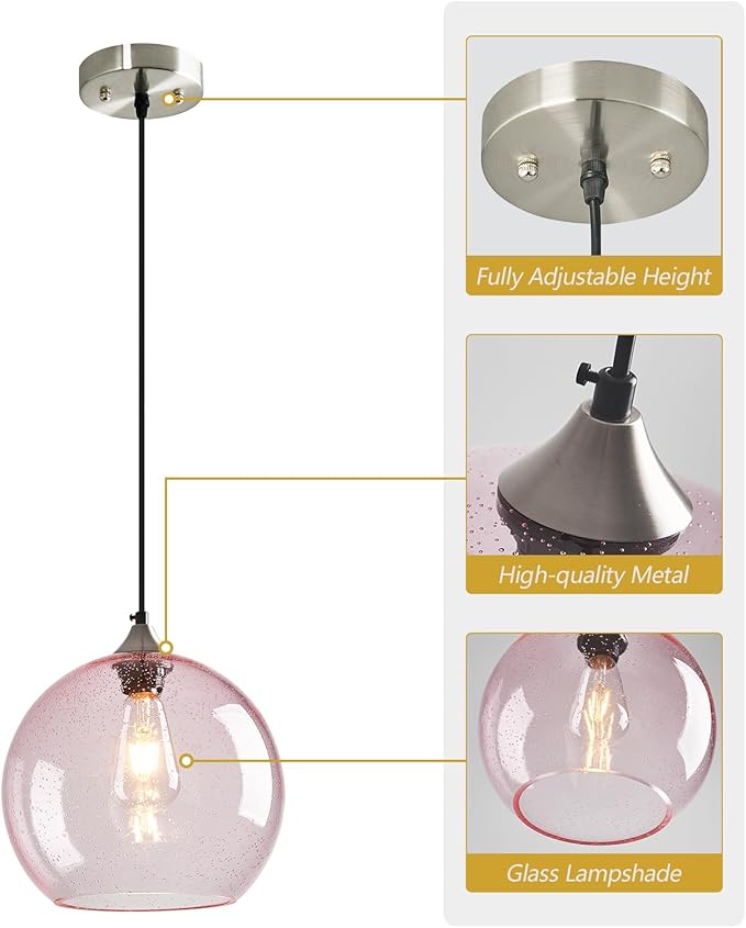 Pink Glass Pendant Lights Kitchen Island Globe Pendant Light Fixtures Modern Pendant Lighting for Bedroom Living Dining Room Light Fixture (9.84 in, 3 Pack)