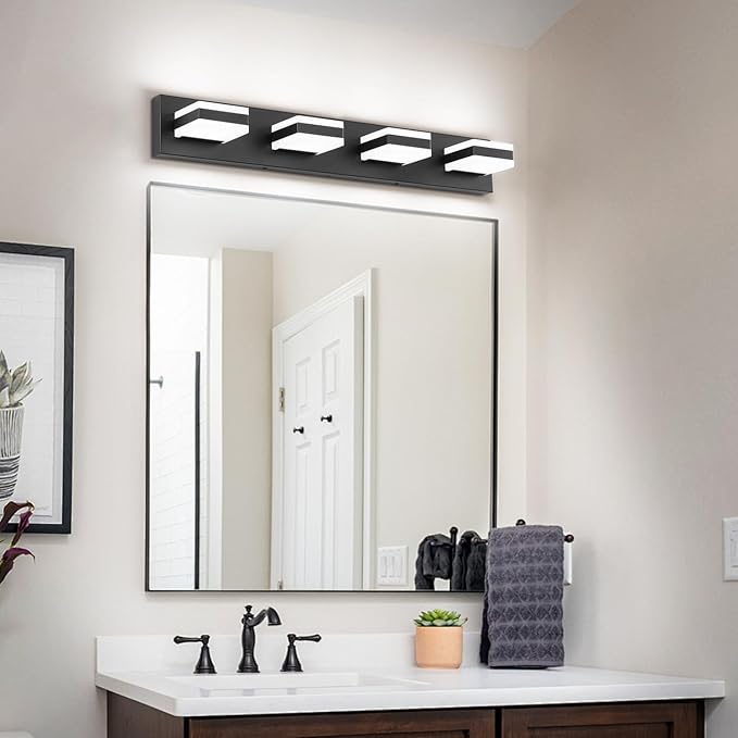 SOLFART Black Bathroom Light Fixtures, 4 Lights Bathroom LED Light, LED Dimmable Vanity Lights Cool White 6000K & 0%-100% Brightness Dimmable