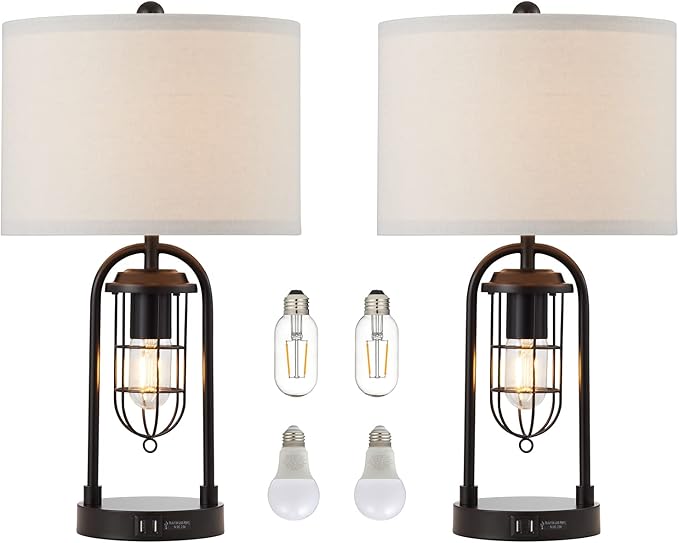 KAWOTI Set of 2 Farmhouse Table Lamps with USB Ports and Night Light Modern Nightstand Lamp for Living Room Bedroom(Bulbs Included)