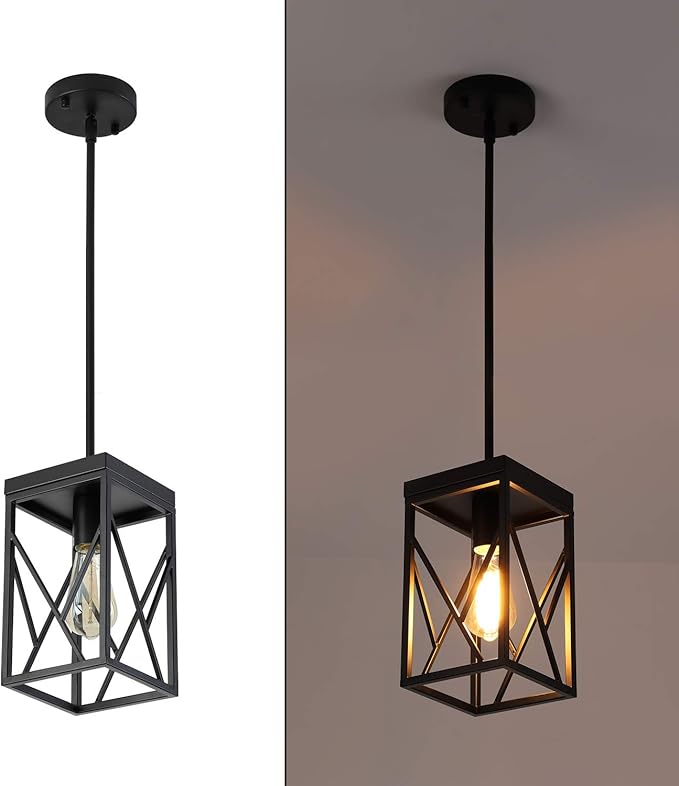 Modern Black Pendant Light with Metal Cage, One-Light Adjustable Rods Industrial Mini Pendant Lighting Fixture for Kitchen Island Cafe Bar Farmhouse, Black