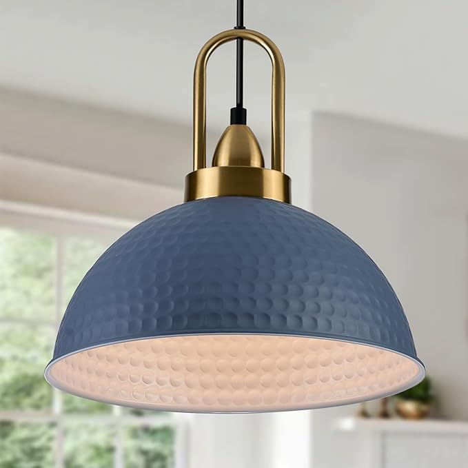 Blue Pendant Lights Kitchen Island Industrial Adjustable Height Vintage Dome Hanging Light Fixtures for Barn, Dining Room 1 Pack