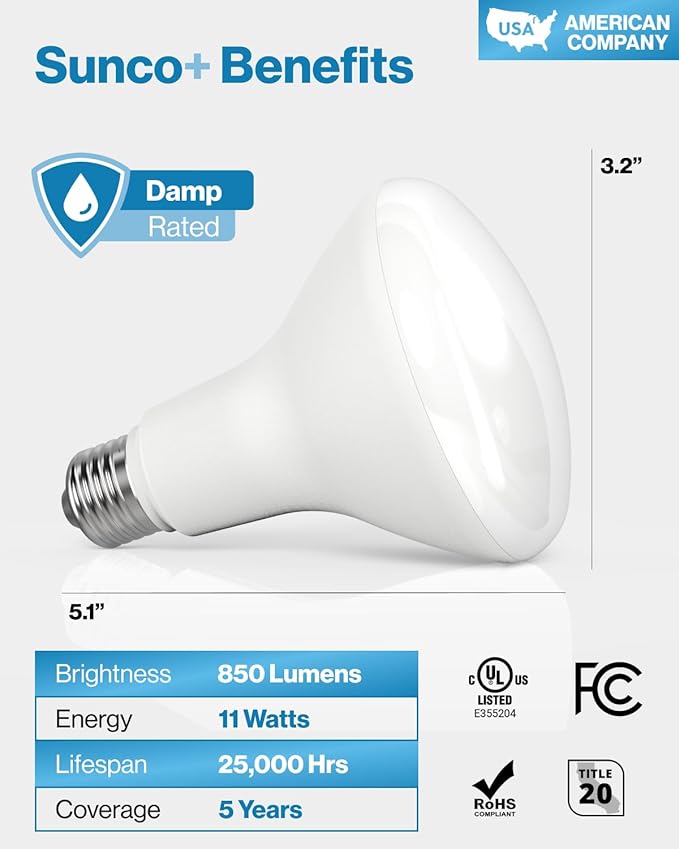 Sunco 10 Pack BR30 LED Bulbs Indoor Flood Lights 11W Equivalent 90W, 3000K Warm White, 850 Lumens, E26 Base, 25,000 Lifetime Hours, Interior Dimmable Recessed Can Light Bulbs - UL & Energy Star.