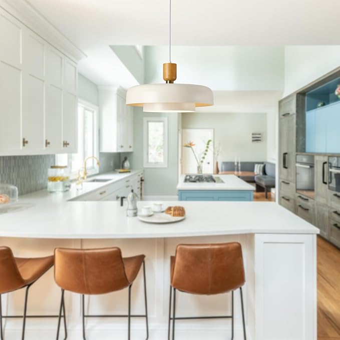 Modern Large Pendant Light 19.68 inch, 2 Tiers Soft Cream Shades, Natural Wood and Brass Accent, Mid Century Chandelier for Dining Room, Living Room