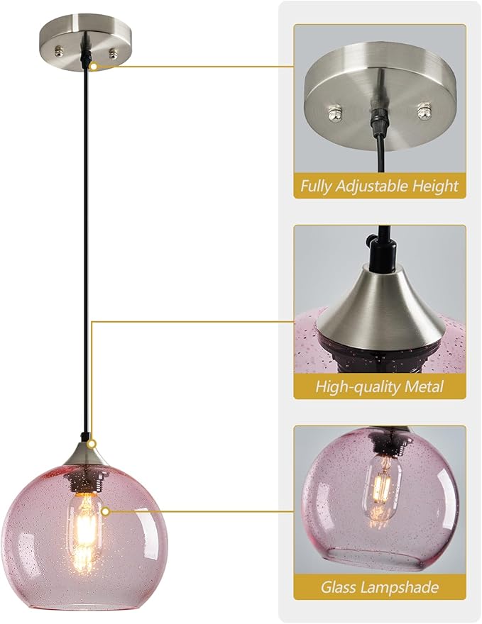 Pink Glass Pendant Lights Kitchen Island Lighting Globe Pendant Light Fixtures Modern Pendant Lighting for Bedroom Living Dining Room Light Fixture (7.87 in, 3 Pack)