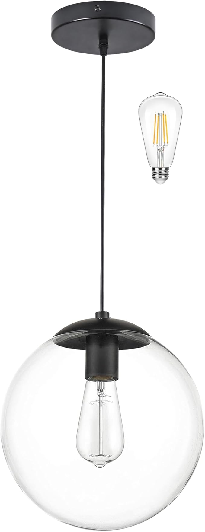 KoKo&Yukina 8 inch Globe Pendant Lighting for Kitchen Island Mid Century Modern Hanging Light Fixture with Clear Globe Glass Black Industrial Hanging Ceiling Lights for Bathroom Entryway (Bulb Incl.)