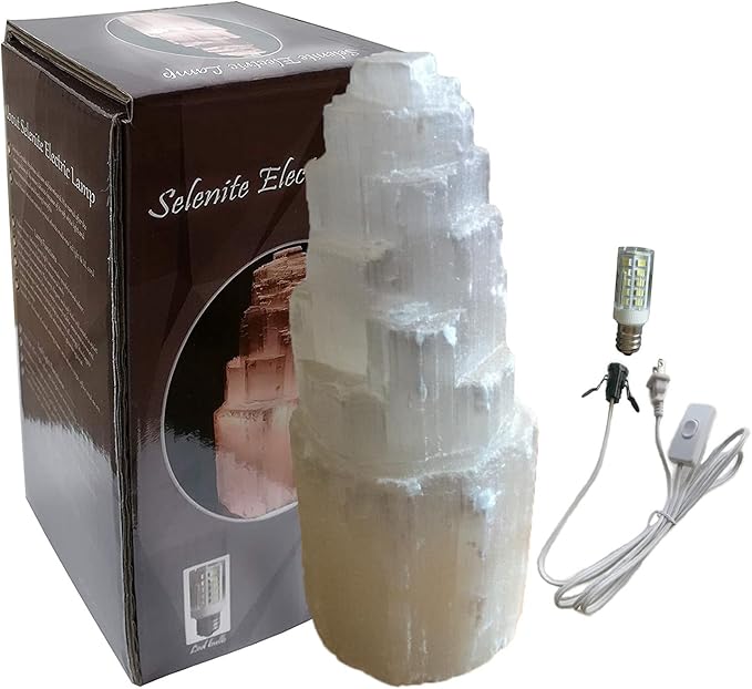 JIC Gem Natural Selenite Lamp 8" White Selenite Crystal Rock Lamps with Switch Cord and Bulb