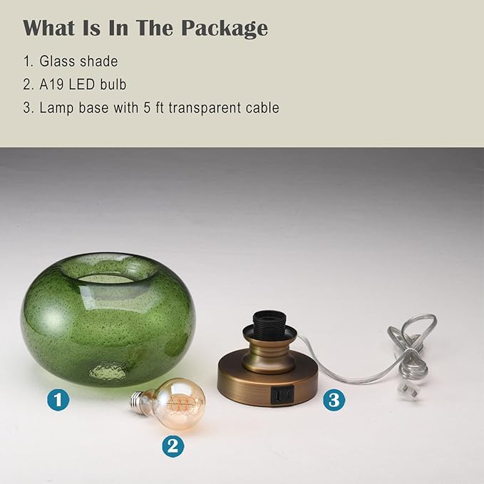 Mid Century Glass Table Lamp,Dimmable Desk Lamp,LED Bulb Included,Touch Control & USB A+C Port,Green Seeded Glass