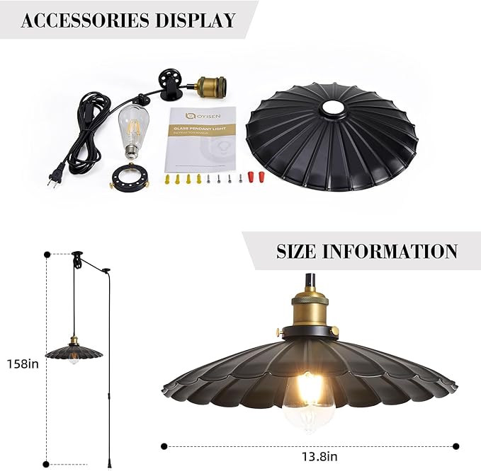 Hanging Plug in Light Rustic Black 13.8 Inch Lampshade with 13.2ft Cord Bar Counter Hanging Light Fixture with Plug in Cord On/Off Switch Hanging Lamp Plug in with Light Bulb