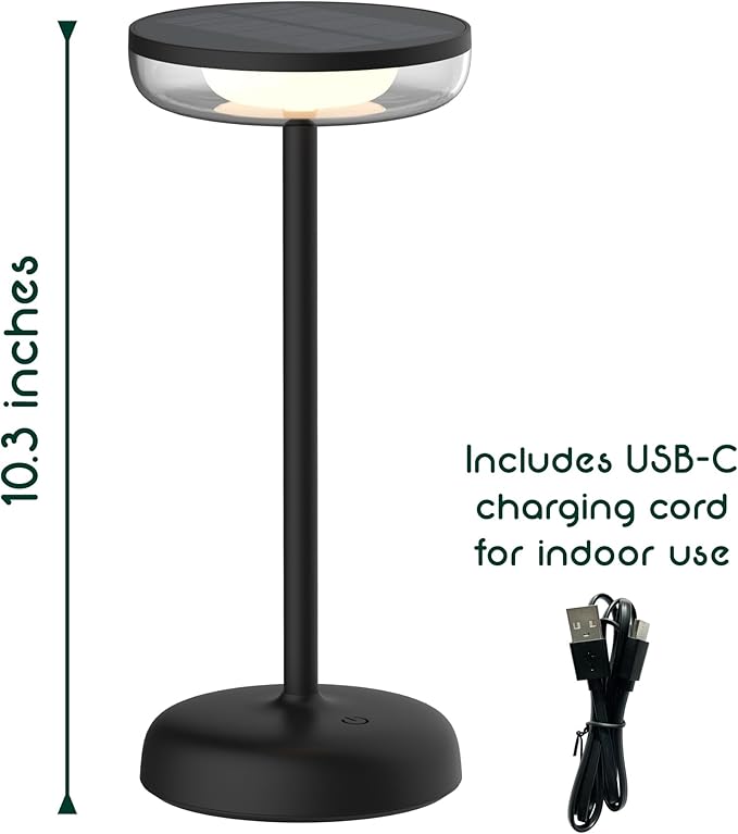 Cocktail Style Solar Table Lamp – Cordless LED Light with USB-C Charging, Dimmable Warm 2700K Glow, Weather Resistant for Indoor/Outdoor Use – Black, 1 Pack