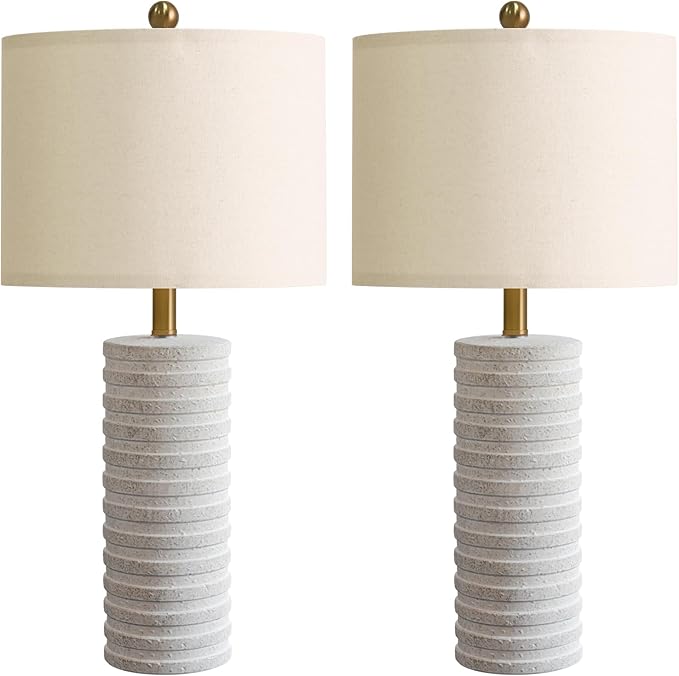 PoKat 27" Stone-Like Farmhouse Ceramic Table Lamps Set of 2 for Bedroom, Rustic Nightstands Lamps for Night Stands, Distressed Neutral Bedside Lamps with Natural Textured for Living Room, Home Decor