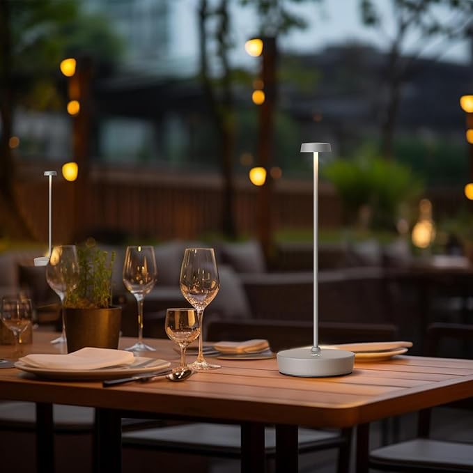 Cordless LED Table Lamp,Rechargeable Battery Desk Lamps, 3 Color Stepless Dimmable Metal Battery Table Lamps, Portable Waterproof Table Light for Indoor/Outdoor/Restaurant (2Pack Gray)