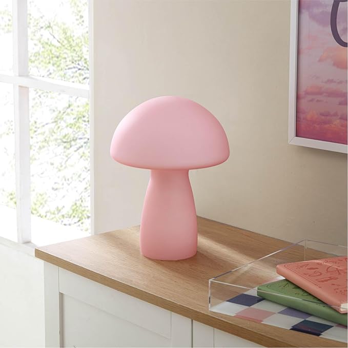 Urban Lifestyle Frosted Pink Mushroom Lamp,12" Glass Novelty Table Light, Plug-in Retro Decor for Bedroom, Living Room, Dorm