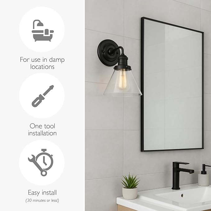 Design House Augustin Wall Sconce, 1-Light, Seeded Glass Warm Glow, Dimmable, Up/Down Glow, Easy Installation, E26 Socket, Black, 7.9 in L x 8.5 in D x 11.1 in H, 589028-BLK