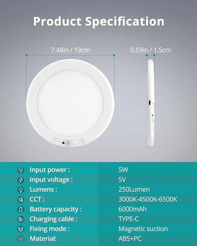 wowatt 2Pcs Battery Operated Ceiling Lights Rechargeable Motion Sensor Light Indoor Wireless Shower Light with Remote 3000K 4500K 6500K 7.48in Dimmable Timing Motion Activated Lamp for Closet Shower