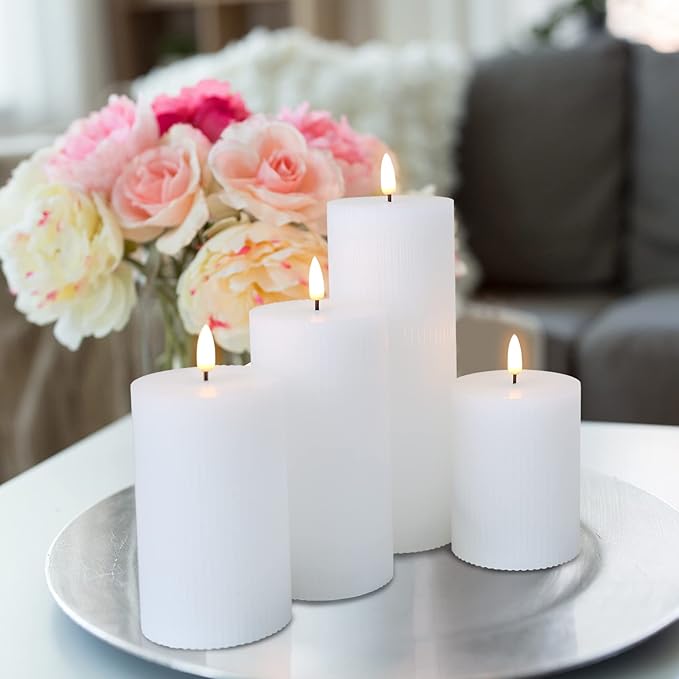 White Ribbed Flameless Pillar Candles with Remote, Flat Top Flickering LED Wax Battery Candles Set of 4, Φ 3" H 4" 5" 6" 8"