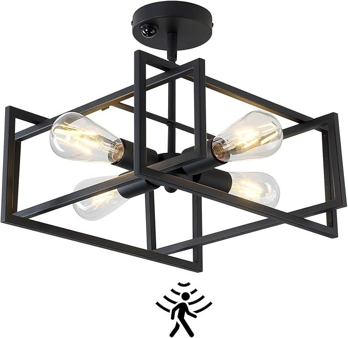 ZGLAOJT Motion Sensor Ceiling Light Fixture 4-Lights Semi Flush Mount Ceiling Light Black Industrial Indoor Chandelier for Kitchen Living Room Bedroom Farmhouse Hallway Foyer